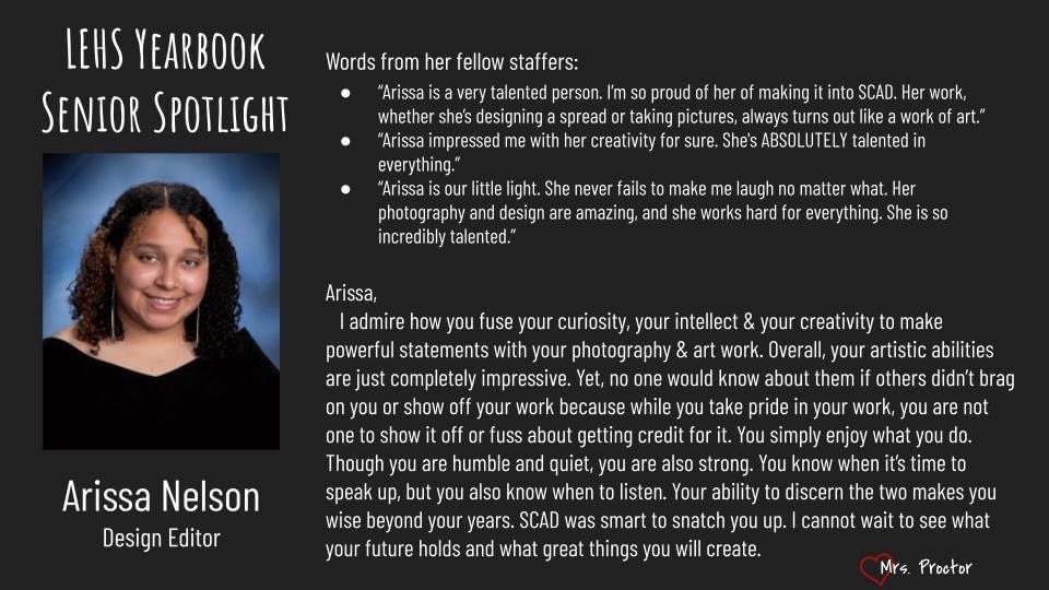 Today’s senior spotlight is on the artistic Arissa Nelson, who is headed to SCAD! Help me celebrate this sweet soul <a href="/LEHSDemons/">Lugoff-Elgin High</a>!
