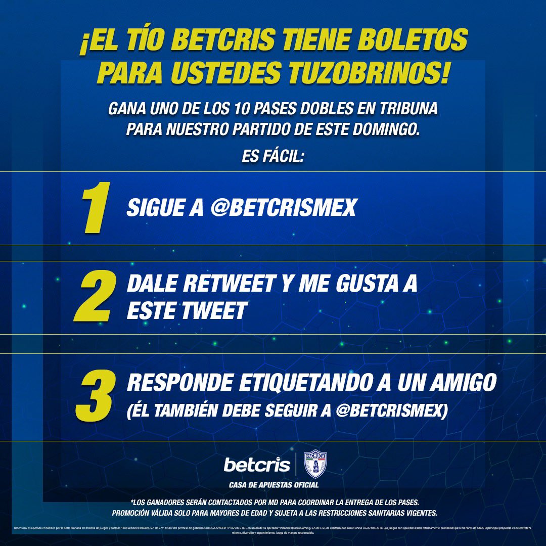 Tuzos's tweet photo. 🎟 | El tío Betcris tiene boletos para ustedes.
  
Gana 1 de los 10 pases dobles en tribuna para nuestro partido de este domingo 🏟

Es fácil: 
1️⃣ Sigue a @betcrismex
2️⃣ Dale 🔁 y ♥️ a este tweet 
3️⃣ Responde etiquetando a un amigo (él también debe seguir a Betcris). https://t.co/ufkEiKAb8V