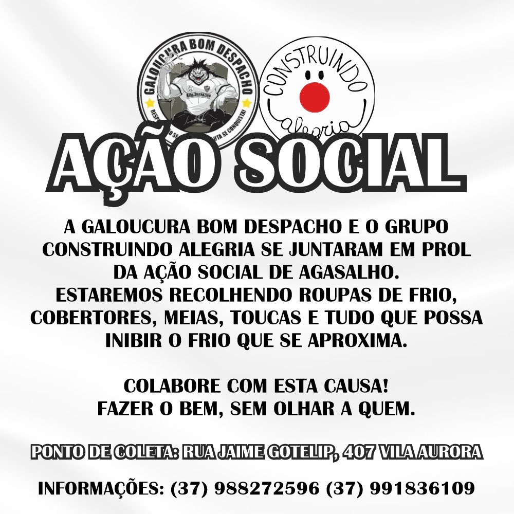 togbomdespacho's tweet photo. ⭐️ AÇÃO SOCIAL ⭐️

Deixe sua doação no ponto de coleta ou entre em contato para que possamos buscar. Estaremos recolhendo até dia 01/06. 

Sua doação aquece uma vida! 
📍Bom Despacho - MG https://t.co/8BttewnhLs
