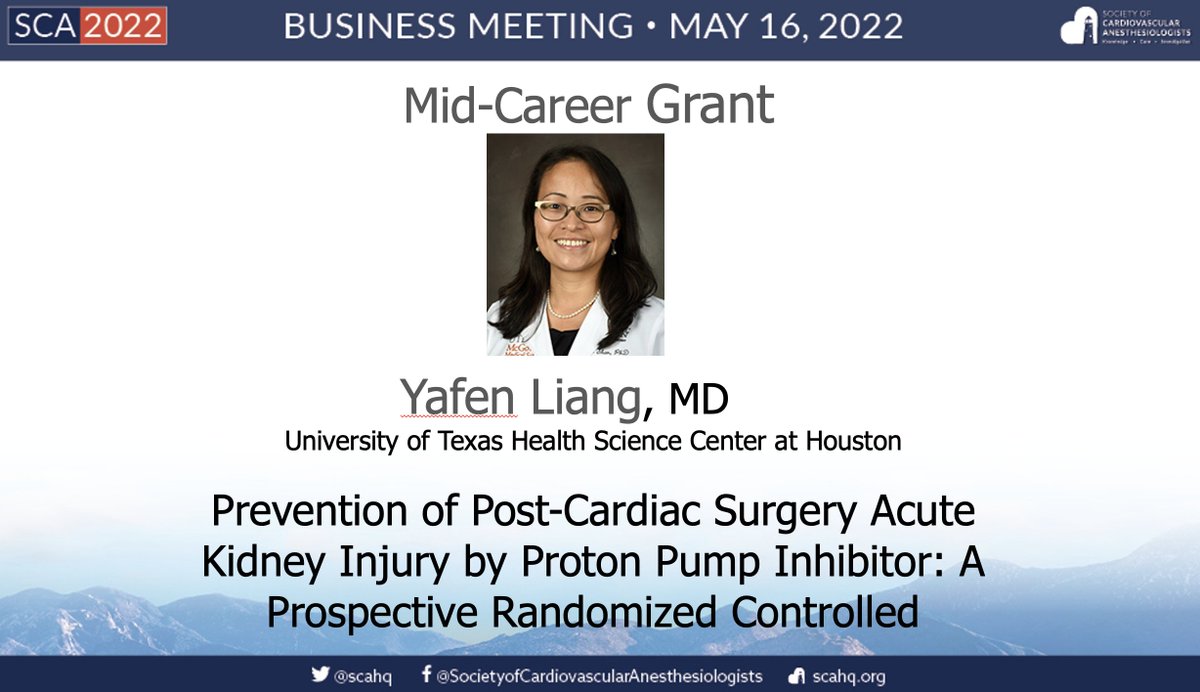 Danny Muehlschlegel, MD, MMSc MBA (@dannymuehlschmd) on Twitter photo Our <a href="/scahq/">Society of Cardiovascular Anesthesiologists | SCA</a> <a href="/IARS_Journals/">Anesthesia&Analgesia</a> mid-career grant winner is Dr. Yafen Liang MD from the University of Texas Health Science Center at Houston for her work "Prevention of Post-Cardiac Surgery AKI by Proton Pump Inhibitor: A Prospective Randomized Controlled". Congratulations!! #SCA2022 Our <a href="/scahq/">Society of Cardiovascular Anesthesiologists | SCA</a> <a href="/IARS_Journals/">Anesthesia&Analgesia</a> mid-career grant winner is Dr. Yafen Liang MD from the University of Texas Health Science Center at Houston for her work "Prevention of Post-Cardiac Surgery AKI by Proton Pump Inhibitor: A Prospective Randomized Controlled". Congratulations!! #SCA2022