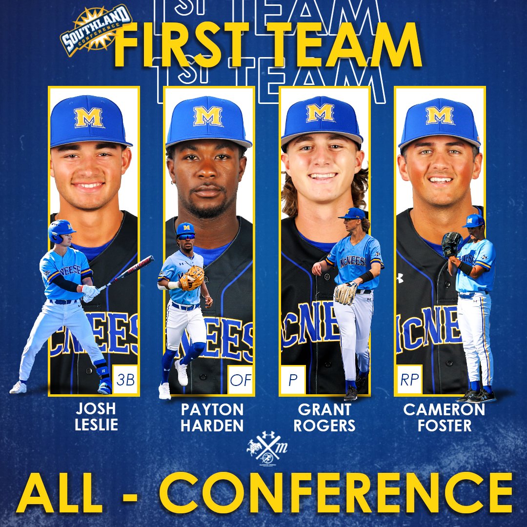 McNeeseBaseball's tweet photo. 🥇𝙁𝙞𝙧𝙨𝙩 𝙏𝙚𝙖𝙢 𝘼𝙡𝙡-𝙎𝙤𝙪𝙩𝙝𝙡𝙖𝙣𝙙 𝘾𝙤𝙣𝙛𝙚𝙧𝙚𝙣𝙘𝙚🥇

🏆@thejoshleslie
🏆@payday1__
🏆@grant_rogers10
🏆@fostercameron24

#GeauxPokes | #FERDA https://t.co/Hq3IesnXz5