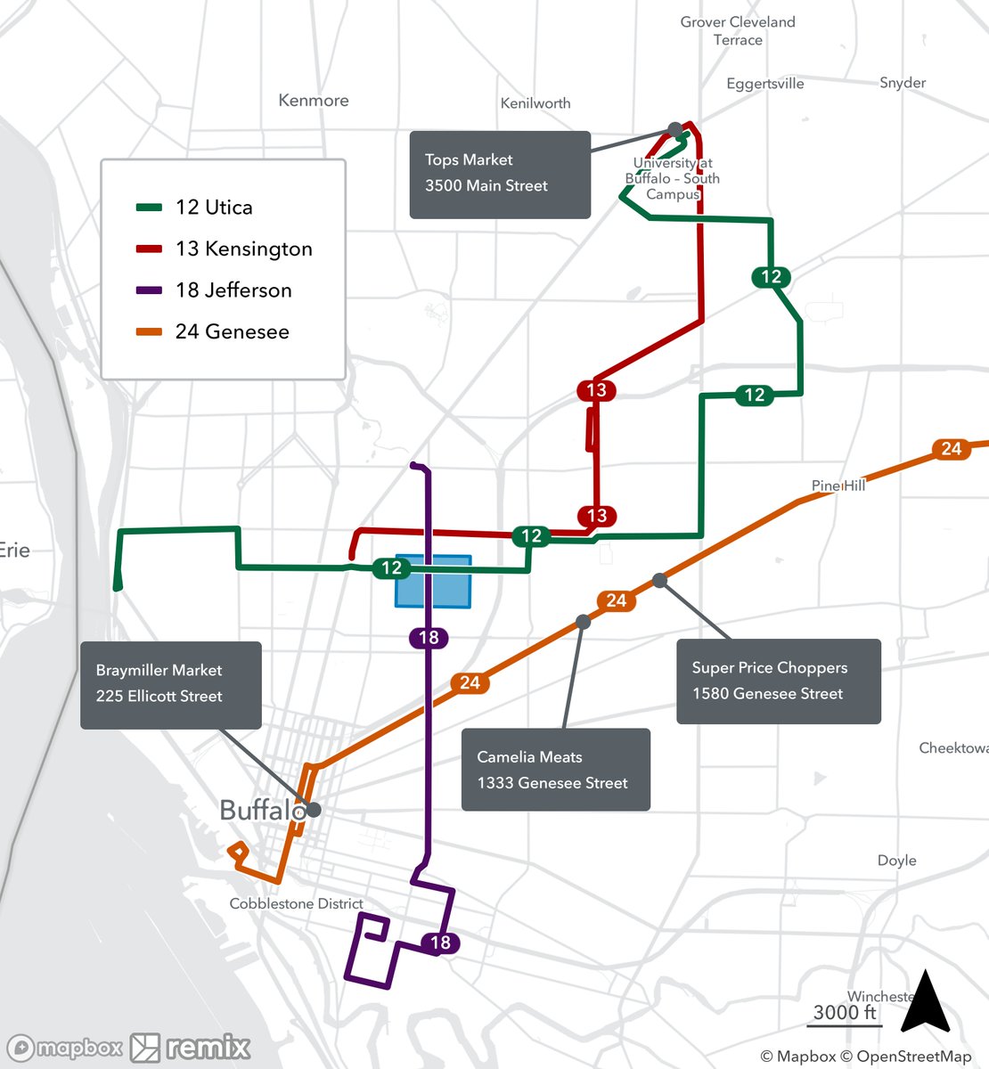 We are continuously working to support our community as best we can during this time. The map shows routes with suspended fares through the end of the month and the local grocery stores accessible via these routes. metro.nfta.com 
#BuffaloStrong
