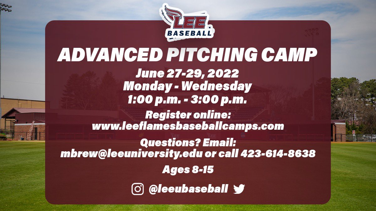 LeeUBaseball's tweet photo. We have Advanced Hitting/Pitching/Catching camps for those ready to learn at a more accelerated pace. We will use techniques, skills, and strategies we use with our current college players. #FiredUp https://t.co/lfkogjHNUw