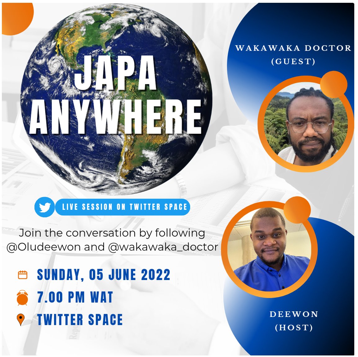 Oludeewon's tweet photo. I will be hosting my brother, @wakawaka_doctor on the 5th of June, 2022 by 7pm WAT.

Just come on the Twitter space, mention any country, and we will tell you all the Admission, Scholarship, Job, and PR opportunities there.

JAPA Anywhere!

RT

See the flier here 🔽: https://t.co/JFwgjNe3SP