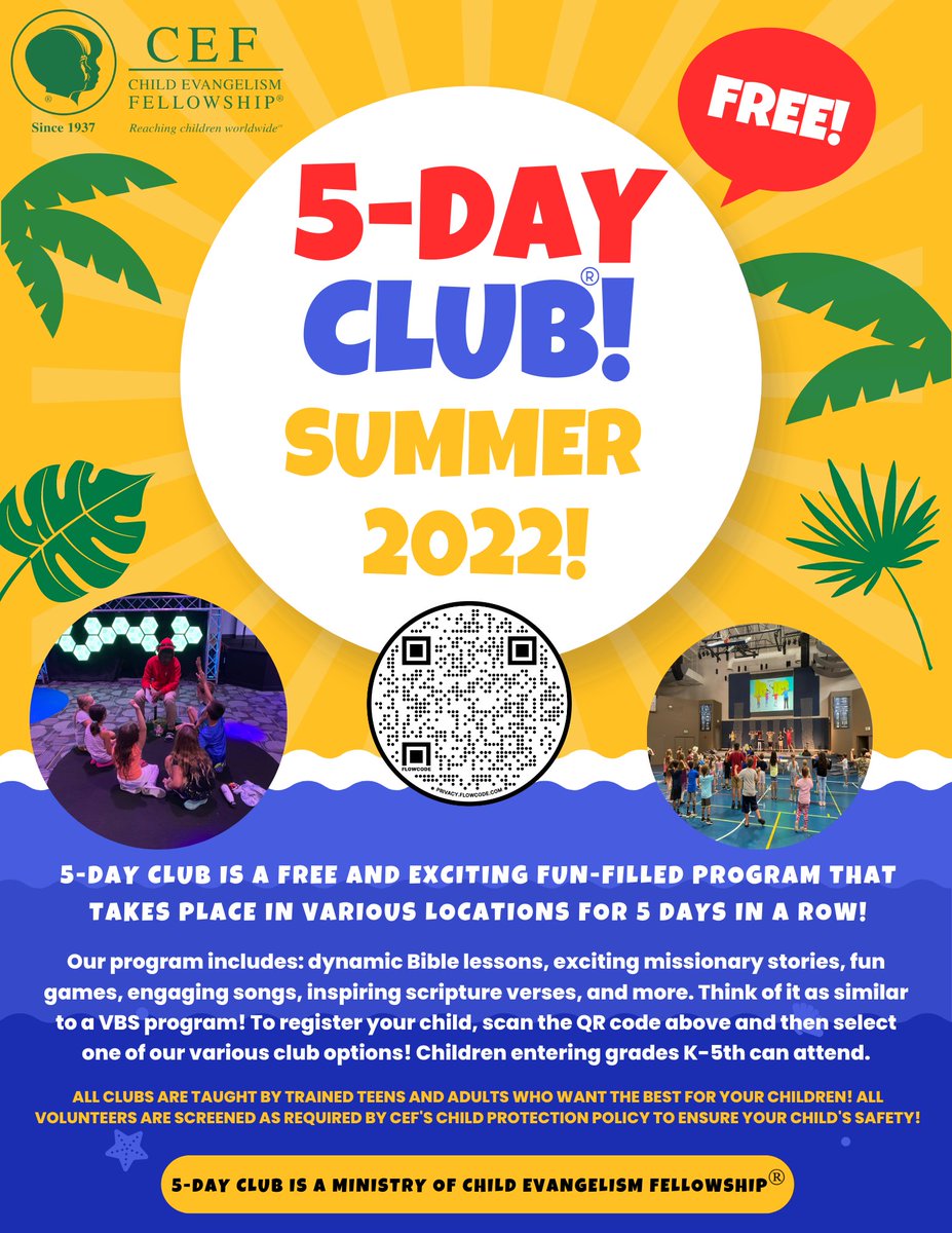 CefManasota's tweet photo. Looking for a fun summer opportunity for your kids or grandkids to learn more about the Bible? Check out CEF's 5-Day Clubs in the surrounding area this summer! Scan the QR code with your phone to register or click this link! https://t.co/xthldx0Den https://t.co/EjEA3Ylj3w