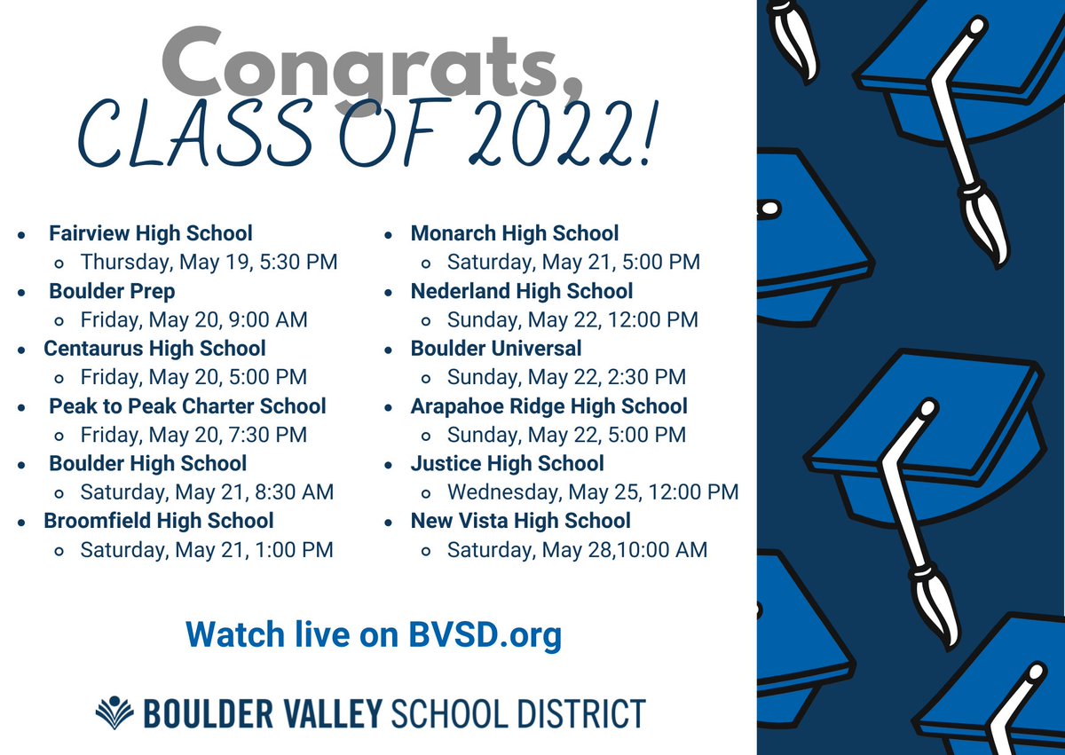 Graduations start tomorrow! 
Here is our 2022 Graduation schedule, you can watch them live at: bvsd.org/calendar/2022-…
#BVSD #BVSDproud