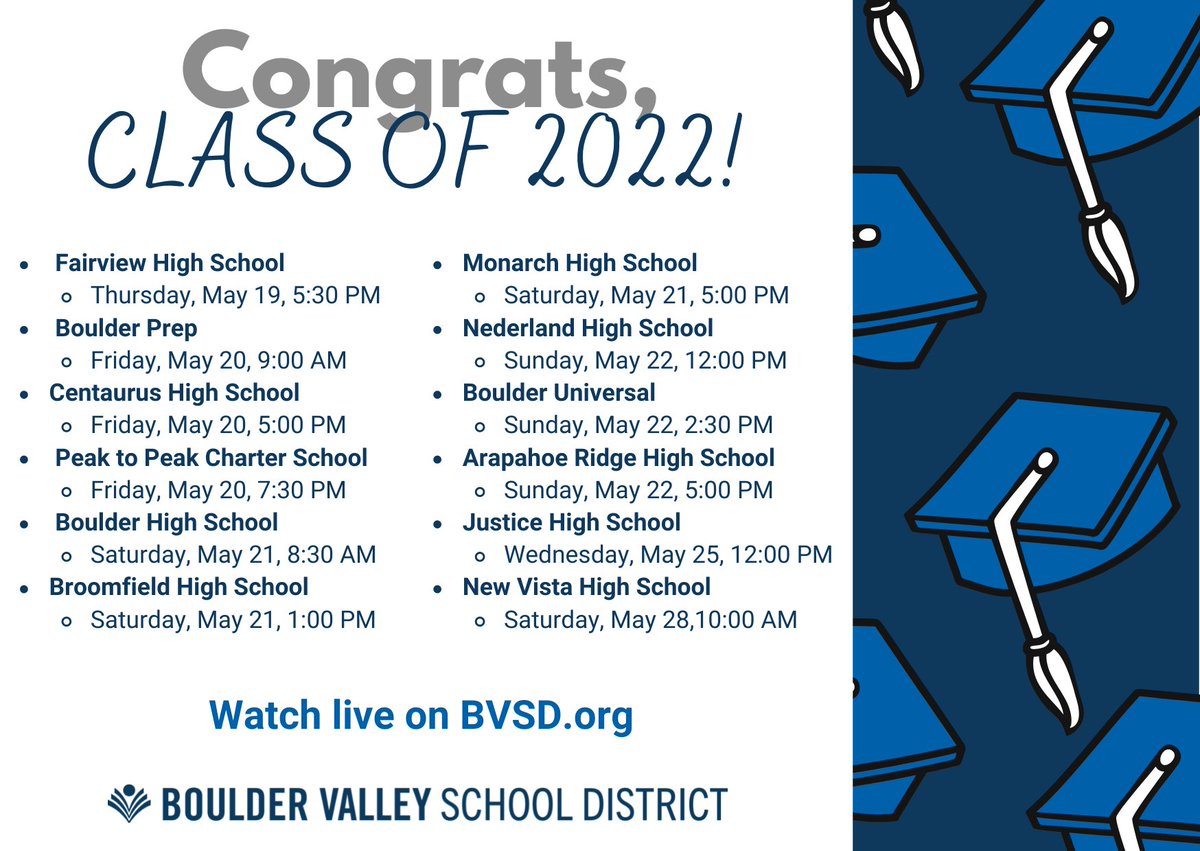 Graduations start tomorrow! Here is our 2022 Graduation schedule, you can watch them live at: bvsd.org/calendar/2022-… #BVSD #BVSDproud