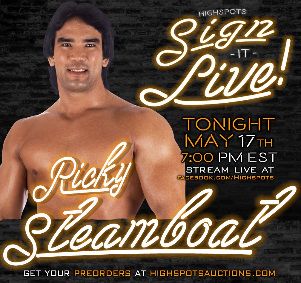 Highspots's tweet photo. Tonight join us for "Sign It Live" at 7 ET with special guest, Ricky Steamboat!
All remaining items available for pre-order can be found at https://t.co/HHKzRusWrq.
https://t.co/XxzPkxUFIc
#RickySteamboat #SIL #highspotsauctions #Highspots https://t.co/eqfzUQtqTc
