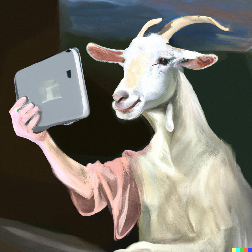 MKBHD's tweet photo. "A painting inspired by the Mona Lisa of a goat taking a picture with an iPad" https://t.co/ufwA2IaD8J