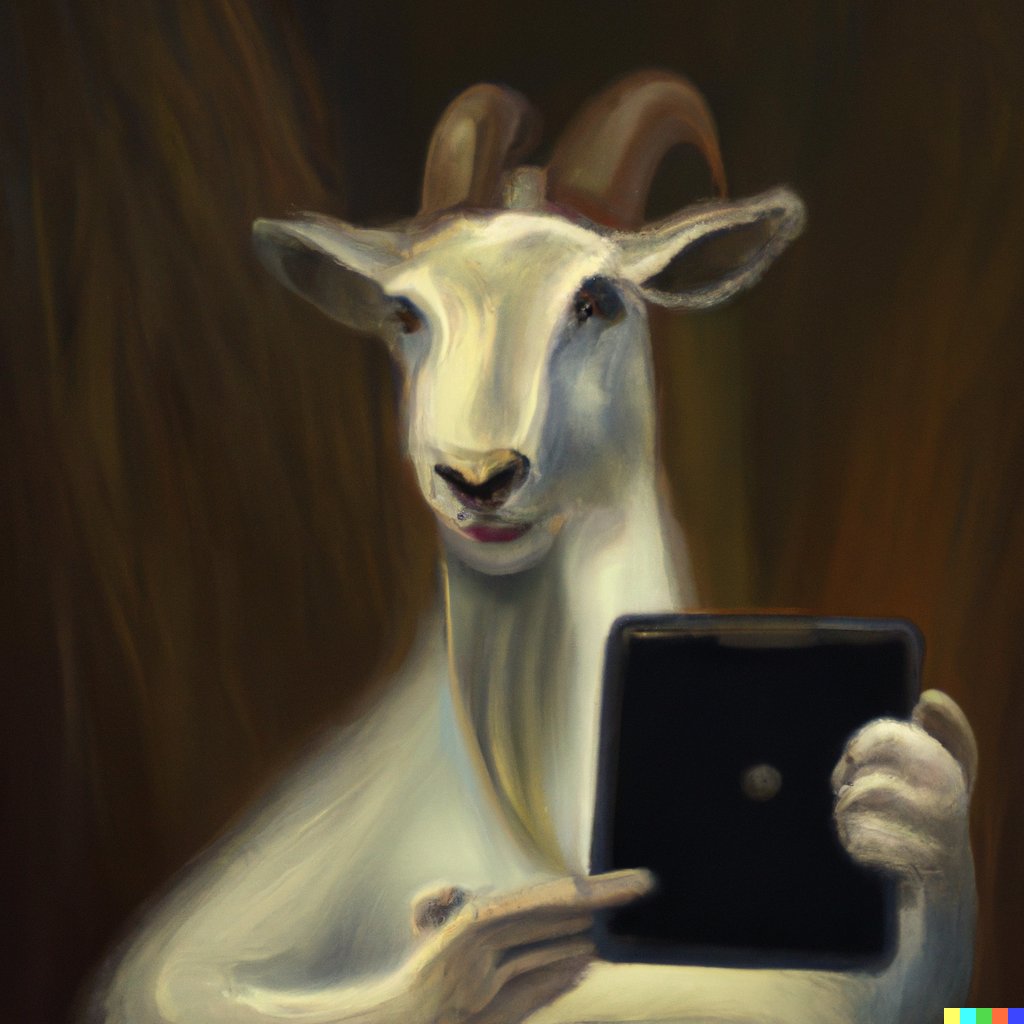 MKBHD's tweet photo. "A painting inspired by the Mona Lisa of a goat taking a picture with an iPad" https://t.co/ufwA2IaD8J