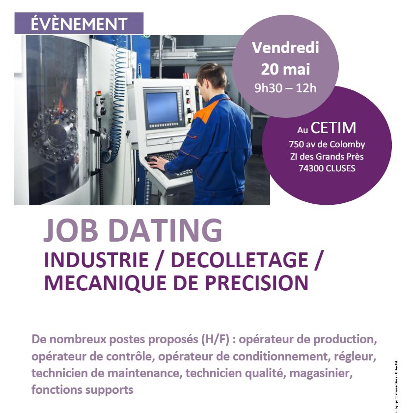 le @poleemploiCluses organise :
Job dating <a href="/industrie/">industrie</a> ce vendredi 20 mai👍
🎯RDV au CETIM Cluses à partir de 9h30.
7 entreprises présentes, nombreux postes, infos formations
PrecisionIndustry Baud TechnoContact Malouvis LathuileHudry JobConcept Bonioni &amp; GeiqAlpège