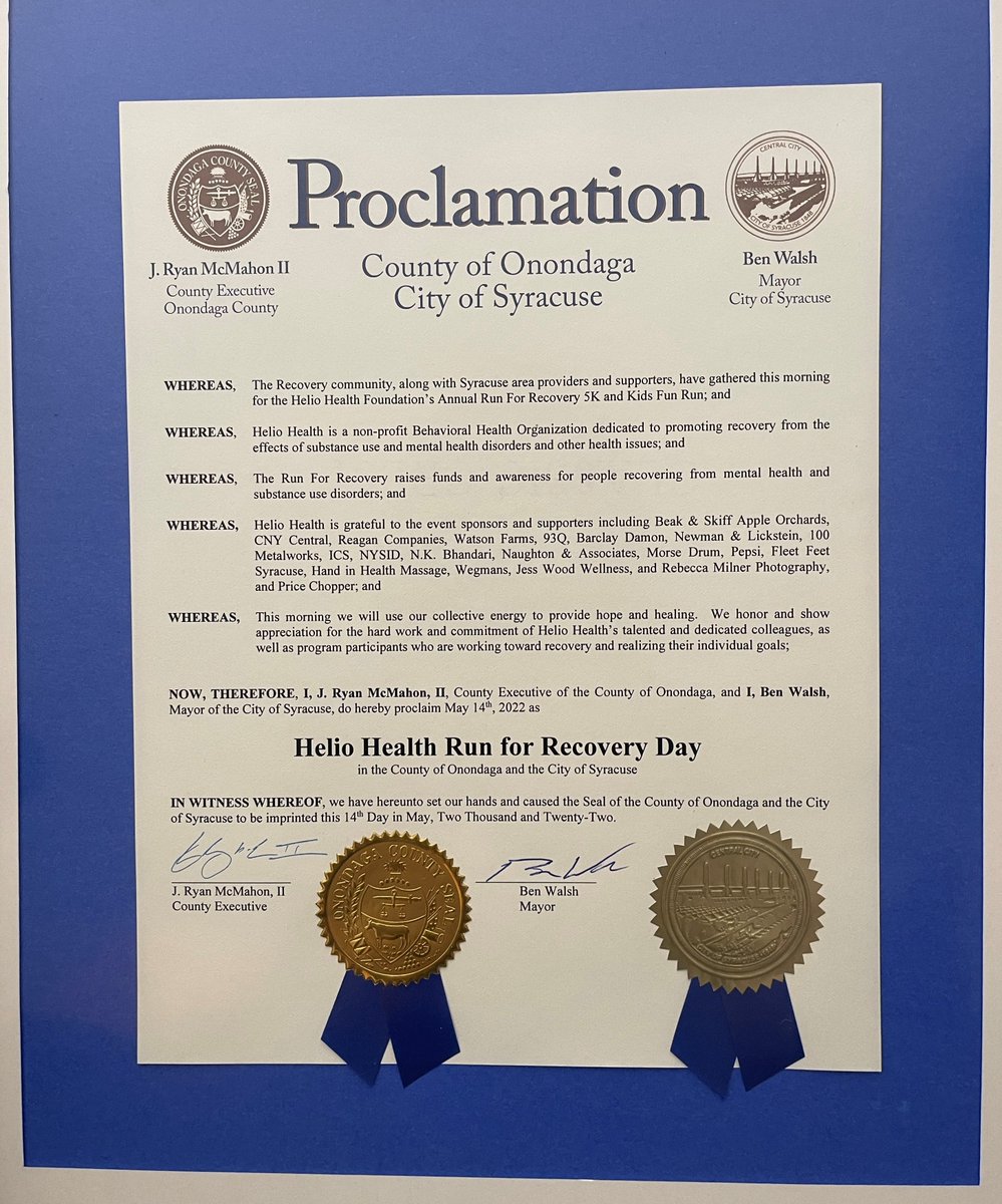 helio_health's tweet photo. Thank you Onondaga County Executive @CEJRyanMcMahon and @BenWalsh44, Mayor of Syracuse for proclaiming May 14, 2022 as Run for Recovery Day. #RunforRecovery2022 #WhoDoYouRunFor #HelioHealth #OnondagaCounty #Syracuse https://t.co/mGh6xO8Pj9