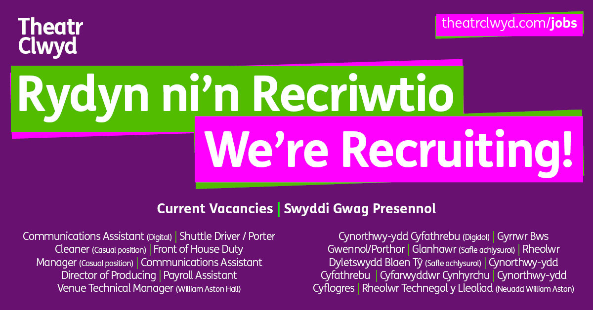 ClwydTweets's tweet photo. Less than 24 hours to apply for some of these brilliant #jobs 
More > https://t.co/P2ezKMxWcn

#recruitment #artsjobs #theatrejobs #jobseekers #work #workforus #vacancies https://t.co/Uzta1BBTas