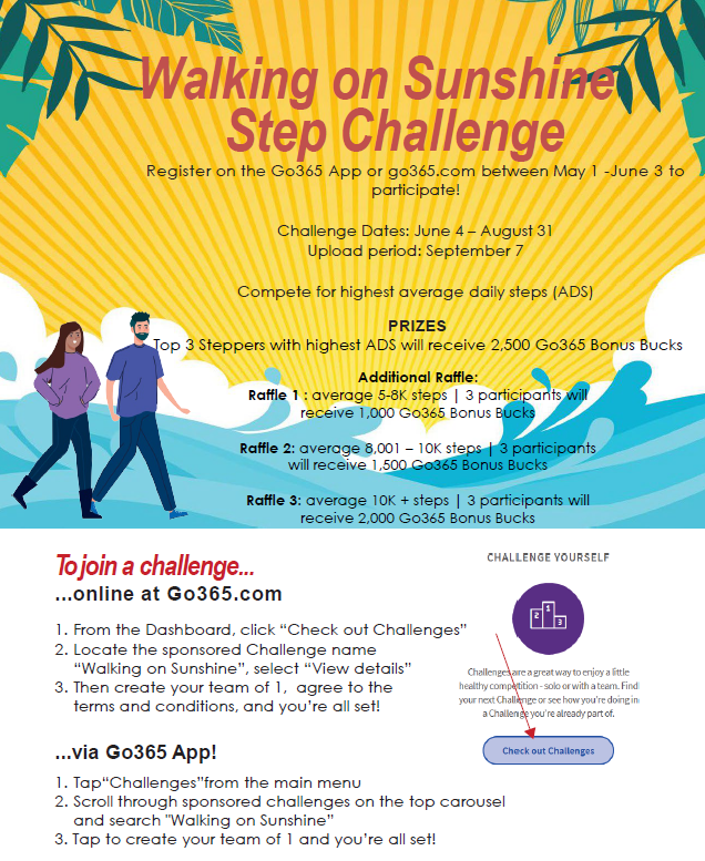 cjusdwellness's tweet photo. Go365 would like to invite all members to join the Walking on Sunshine Step Challenge!☀️👟 Get your steps in this Summer and earn a chance to receive Go365 Bonus Bucks!

#cjusdwellness https://t.co/DHytrsOjek