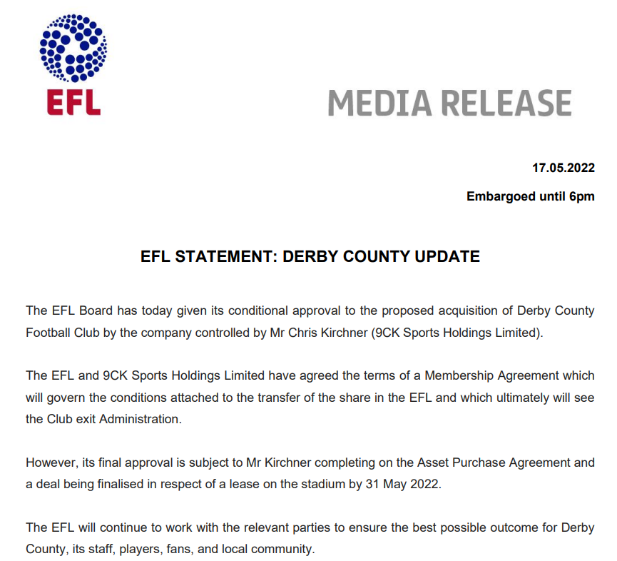 BBCDerbySport's tweet photo. BREAKING:

The EFL has had its say on Chris Kirchner's deal to buy Derby County out of administration.

#BBCFootball #dcfcfans https://t.co/Eymx5vmeus