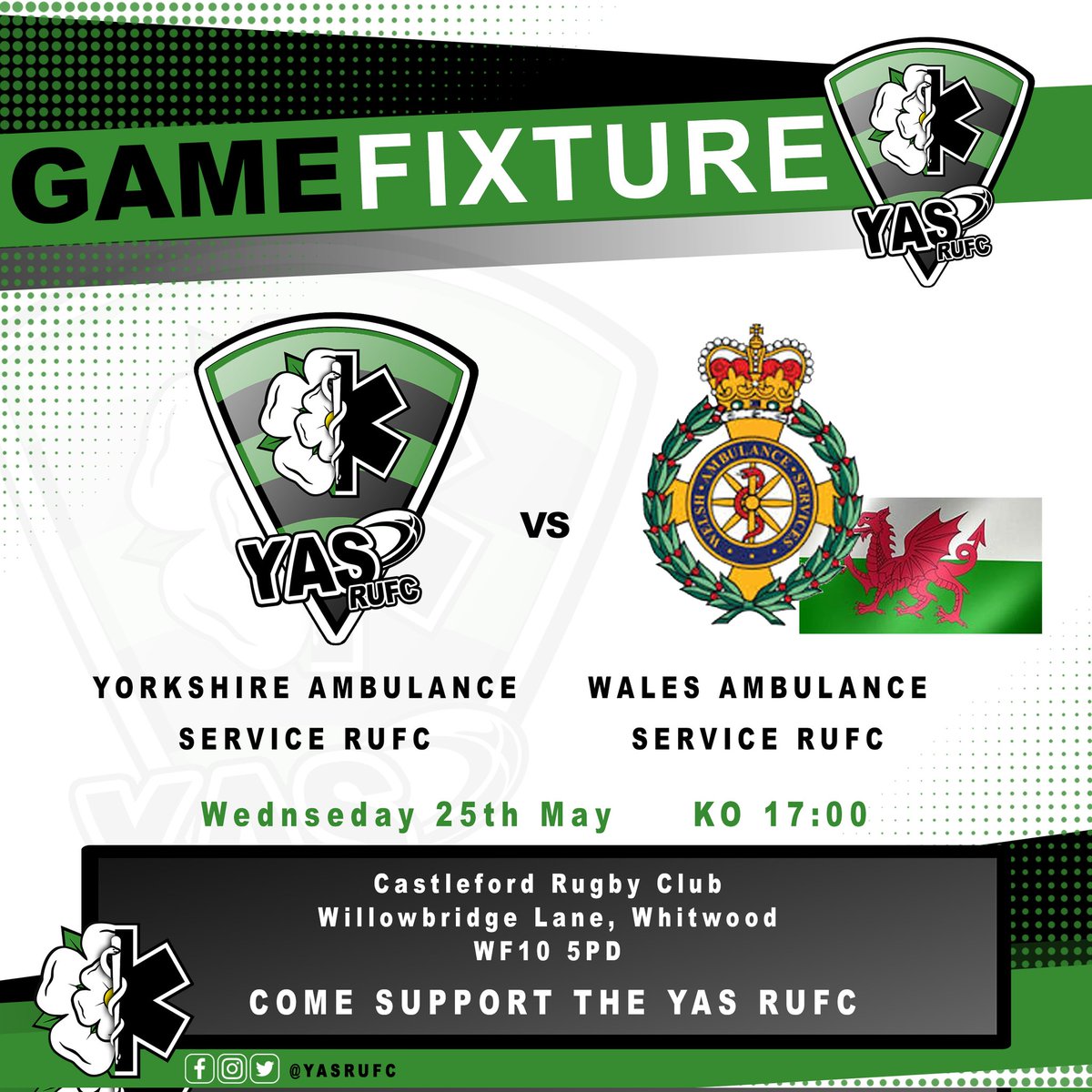 yasrufc's tweet photo. ▪️◾▪️NEW VENUE ▪️◾▪️
@yasrugbyunion vs WALES AMbulance Service RUFC
🚑 vs 🚑🏴
📅 Wednesday 25th May - KO : 17.00
🆚️ Wales Ambulance Service RUFC
📍 Castleford Rugby Club, Willowbridge Lane, Whitwood, WF10 5PD
#yasrugby #rugbylife #gamefixture #followme #trendingnow https://t.co/7zoyLBIIM5