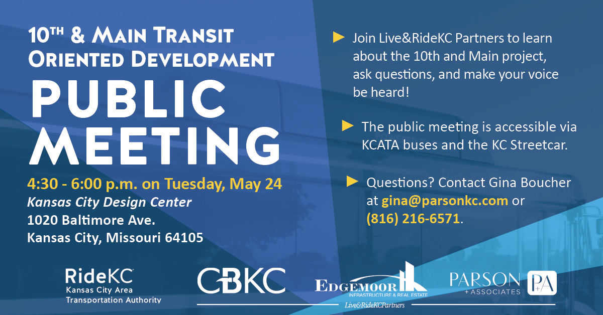 ridekcdevcorp's tweet image. Curious about a proposed Transit-Oriented Development (TOD) for the SW corner of 10th &amp;amp; Main? Learn more &amp;amp; ask questions! Public meeting set for 4:30-6 pm on May 24 at ​​@KCDesignCenter. Hosted by @RideKCTransit, @ridekcdevcorp &amp;amp; Live&amp;amp;RideKC Partners.👉🏾evt.mx/jENr0HxT