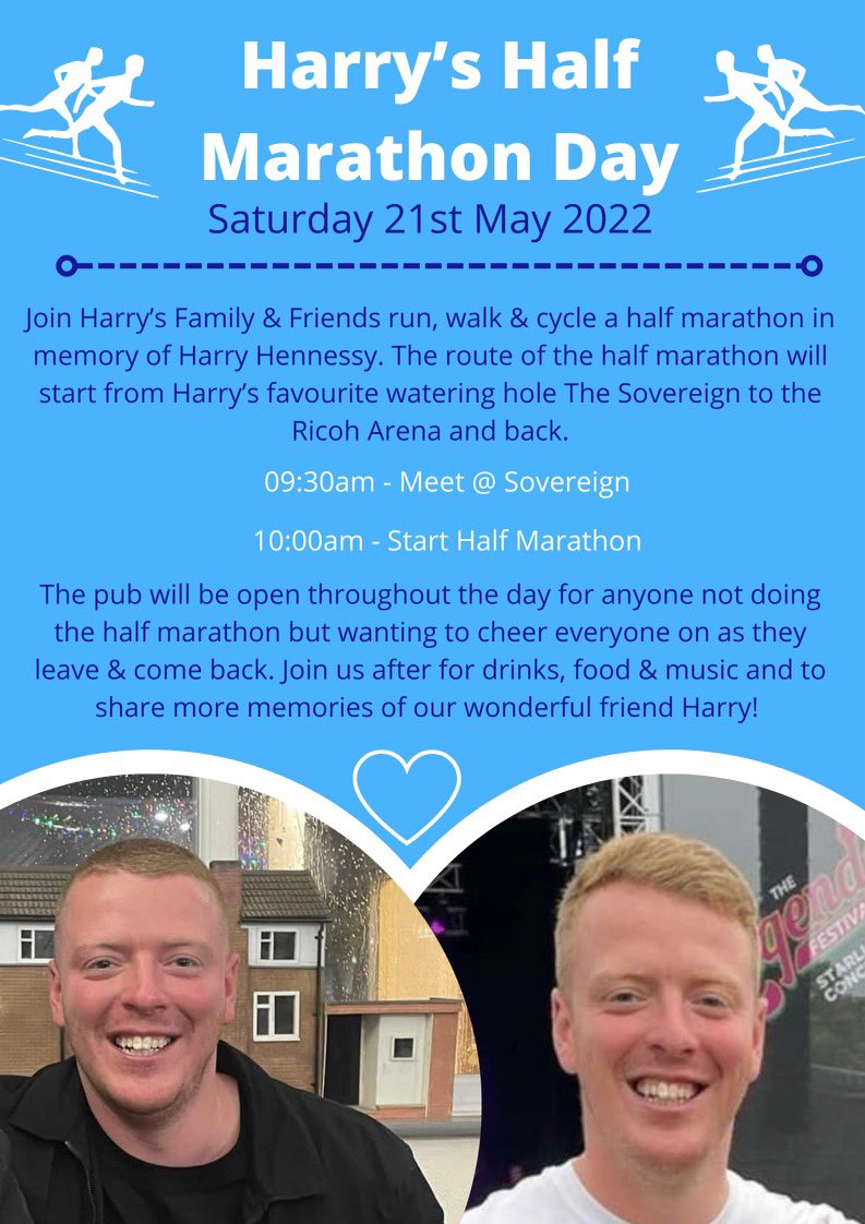 PowLewis's tweet photo. This Saturday we are running, cycling and walking from the Sov to the Ricoh and back in memory of our amazing friend Harry. Harry loved his football and was a massive @Coventry_City @RangersFC fan so if anybody would like to join us please wear ur tops 💙 please RT #Pusb #Watp x https://t.co/IgNBNpbLfd