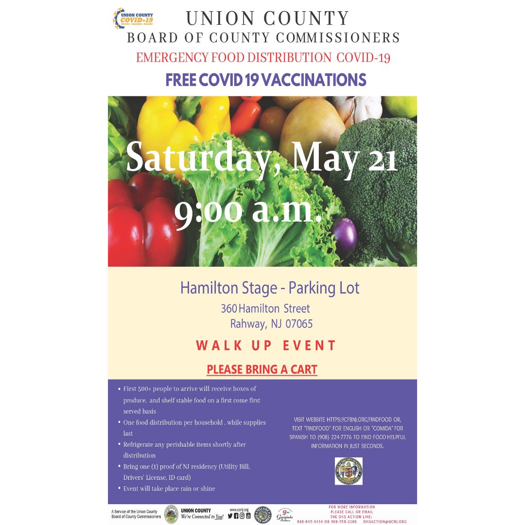HomefirstInc's tweet photo. Union County Board of County Commissioners
Emergency Food Distribution and Free COVID-19 Vaccinations

Rahway, Saturday, May 21 at 9am

@countyofunionnj https://t.co/qK1nc7ltwP