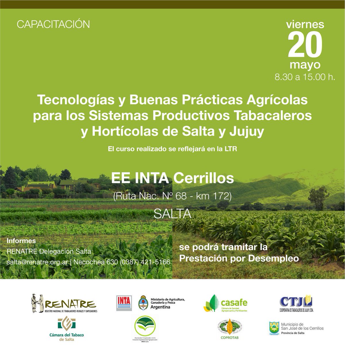 renatreinforma's tweet photo. #Capacitación sobre “Tecnología y buenas prácticas agrícolas para los sistemas productivos tabacaleros y hortícolas de #Salta y #Jujuy”  📆20 de mayo 8:30 hs.
+Info 📞 0387-421-5166📧 salta@renatre.org.ar

@INTASalta  @AgriculturaAR @ctsalta
@TwitCASAFE #Coprotab #CTJ #Cerrillos https://t.co/cUa8ifQ5Jl