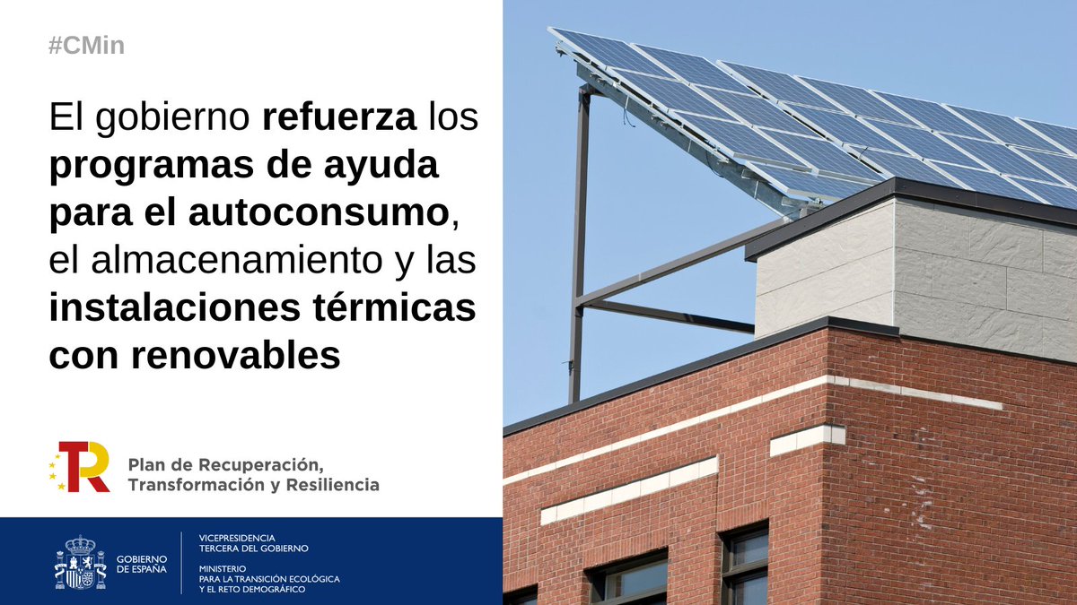 El Gobierno potencia los programas de ayuda para #autoconsumo, almacenamiento e instalaciones térmicas con renovables del #PlanDeRecuperación.

✅ Amplía las aplicaciones con bombas de calor
✅ Impulsa las Empresas de Servicios Energéticos

➕ info: bit.ly/3NjpJ2C