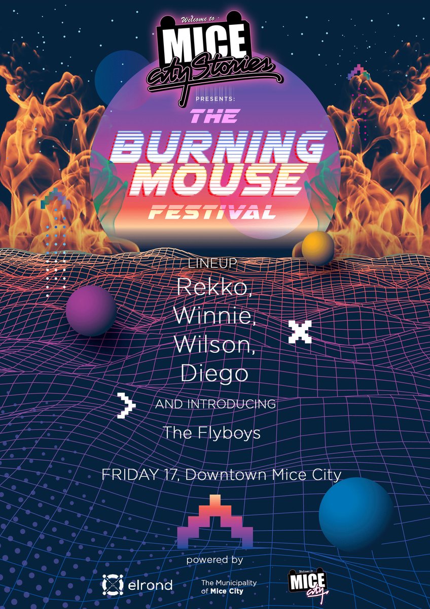 🔥 The Burning Mouse Festival is coming to #MiceCity! 🔥

The second #StoryCrossroads event is almost here!

On Friday 20th of May:
🍾 Be part of the action!
🍾 Vote the path you want!
🍾 Earn your #Rewards!

#NFTs #NFTart #ElrondNFTs #MoviePoster #Benefits #80smovies #NFT