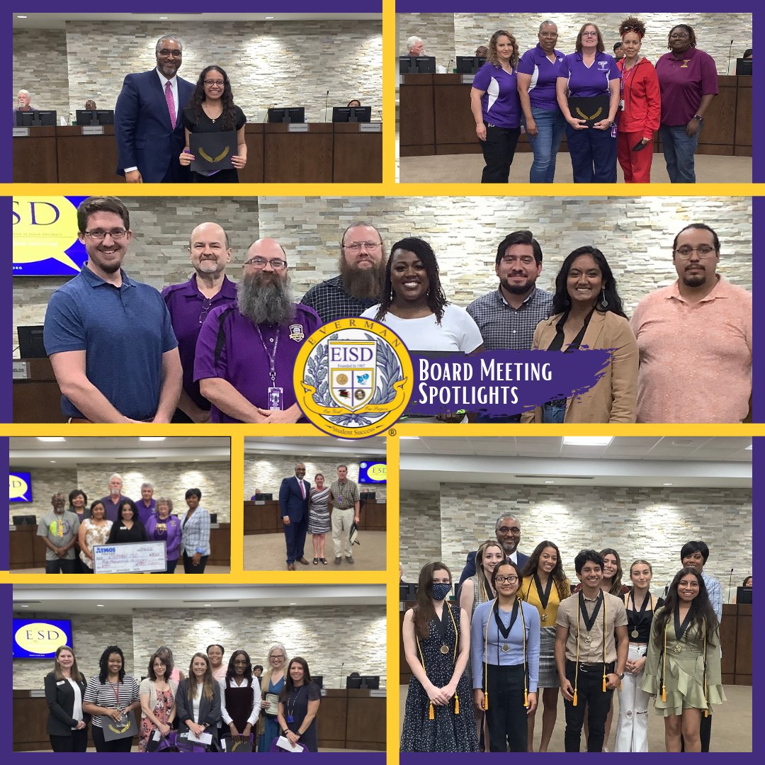 EvermanISD's tweet photo. May Board Spotlights!!! Join us and congratulate these awesome students and educators who were recognized at the May board meeting!!! #evermanstrong #movingbeyondlimits https://t.co/PMJWqWDHBI