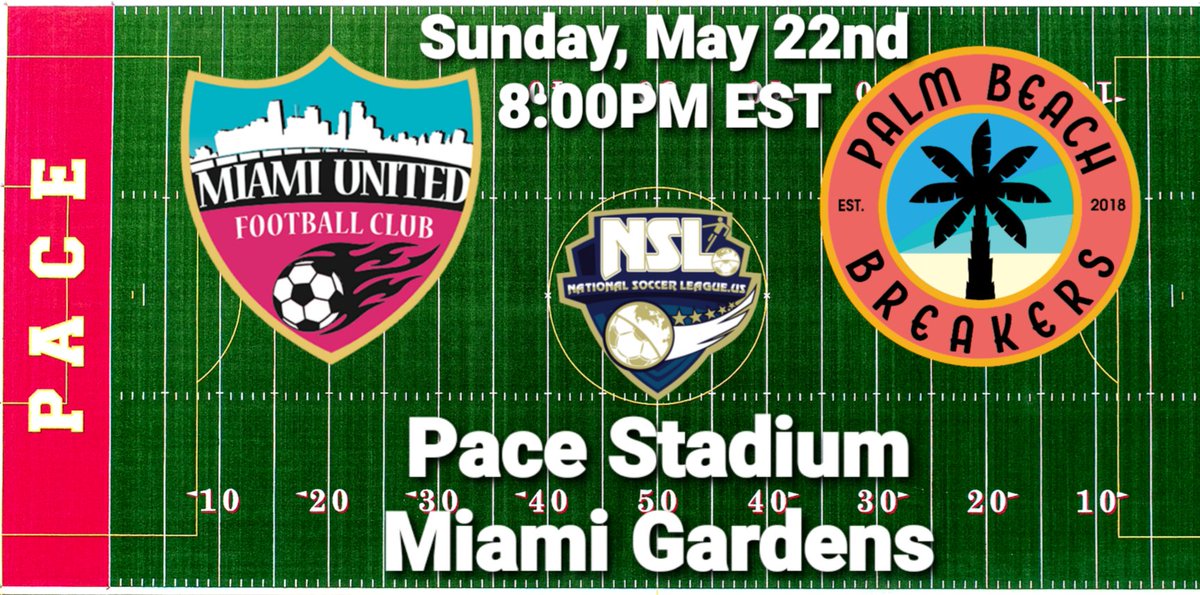 TheBreakersAFC's tweet photo. @NSLFLORIDA @NSLPREMIER ACTION THIS SUNDAY NIGHT!
The Dudes look to bounce back before the Memorial Day weekend break, as we travel to visit @MiamiUnitedFC. Similarly situated in the table, this one could direct an end of the season run.

Sponsors: @MarketableSport #KGADesign https://t.co/TAmmO8Mlc8