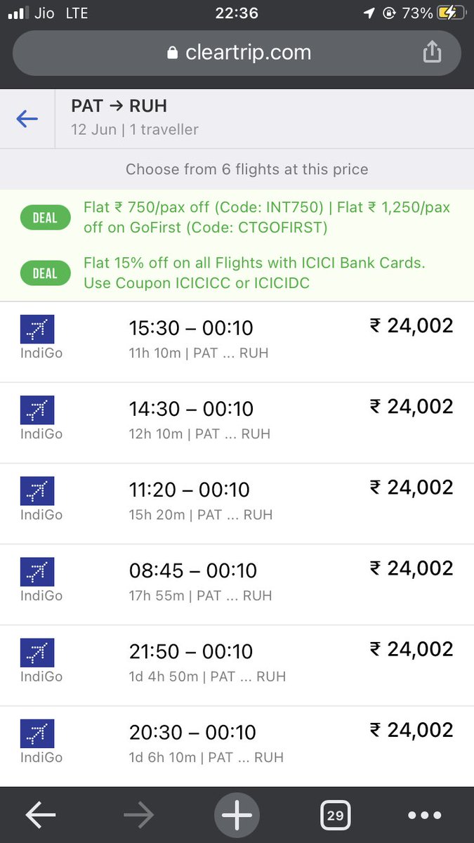 KumarRaushank75's tweet photo. @IndiGo6E pat to ruh flight on https://t.co/oKMJOmiXfN 24k.then I visited on date 16/05/22-12:15 pm your official office of @IndiGo6E at patna.then same flight price is 34k ..how..? And miss behaving also included. https://t.co/dqiIzXnpba