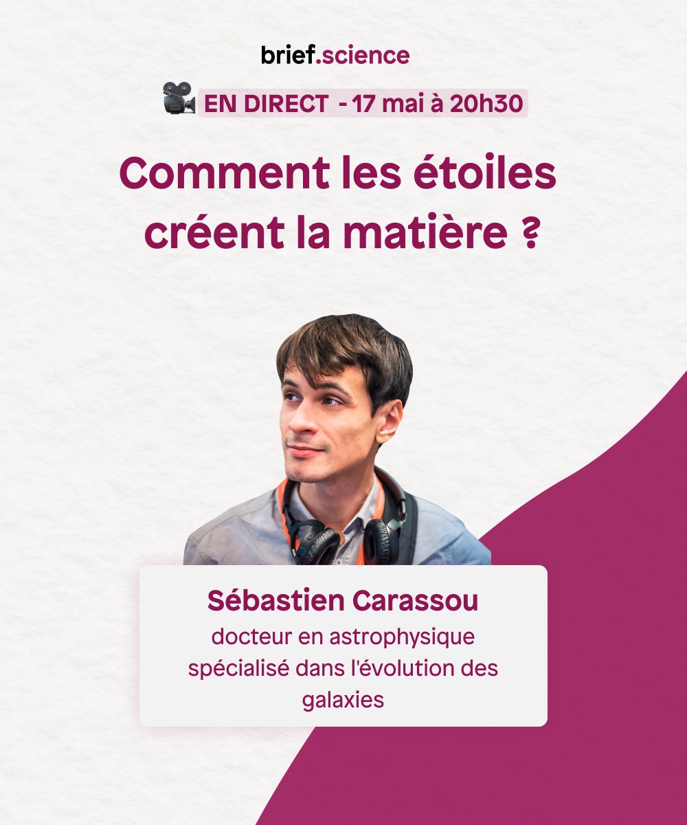 Ce soir, <a href="/Feydolen/">Morgane Guillet</a> et <a href="/IHamchiche/">Imene Hamchiche</a> accueillent <a href="/FlashCordon/">Sébastien Carassou</a> pour notre émission de mai.

Avec Sébastien, Morgane et Imène parleront de l’origine de la matière et de la mort des étoiles.

Rendez-vous à 20h30 (heure de Paris) sur twitch.tv/briefscience.

À tout à l’heure !