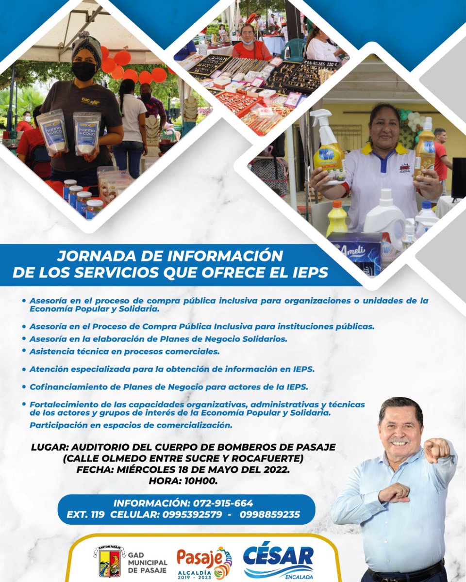 cesarencaladae's tweet photo. Invitamos a la ciudadanía en general a participar de la Jornada de Información acerca de los servicios que ofrece el IEPS

Fecha: Miércoles 18 de Mayo

Lugar: Auditorio del Cuerpo de Bomberos de Pasaje.

Hora: 10h00

#JuntosSembramosDesarrollo https://t.co/kL7mIjtJ1m