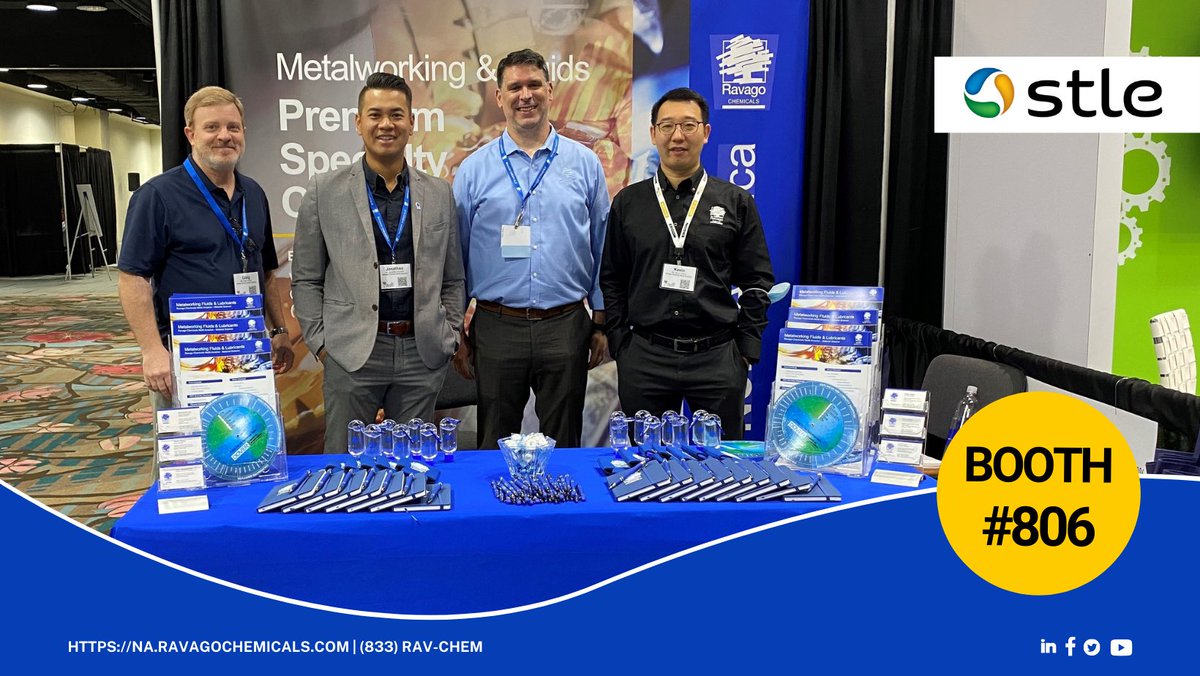 RavagoChem's tweet photo. It's Day 2 of the #STLE Annual Meeting &amp; Exhibition and we are having such a great time!
Come and visit our dedicated sales team at booth #806.

#ravagochemicals #rcna #STLE #metalworking #lubricants #specialtychemicals #innovation #sustainability https://t.co/Z9hhTPDqfg