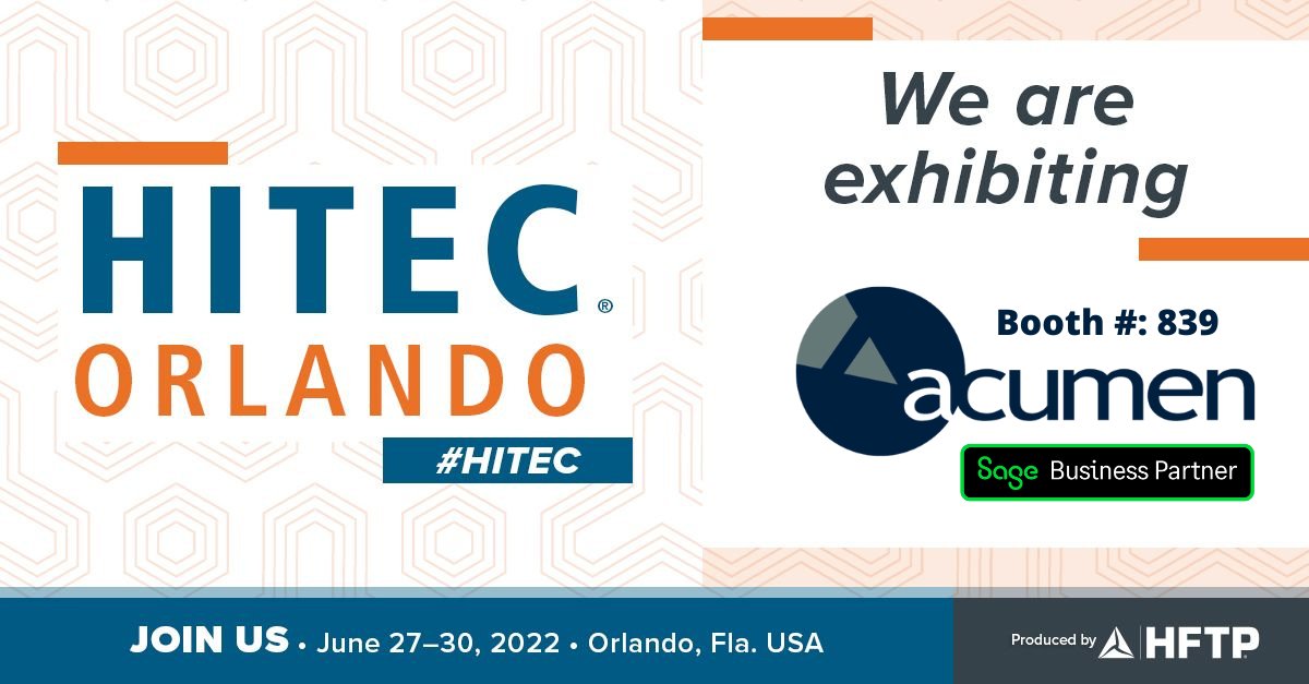 AcumenFL's tweet image. Acumen will be attending HITEC Orlando! This event is the world’s largest technology conference that allows attendees to see the latest solutions for the hospitality industry. Come visit us at booth 839 to learn more about Sage Software!

@HFTP 
#HITEC2022 #SageIntacct #Sage300