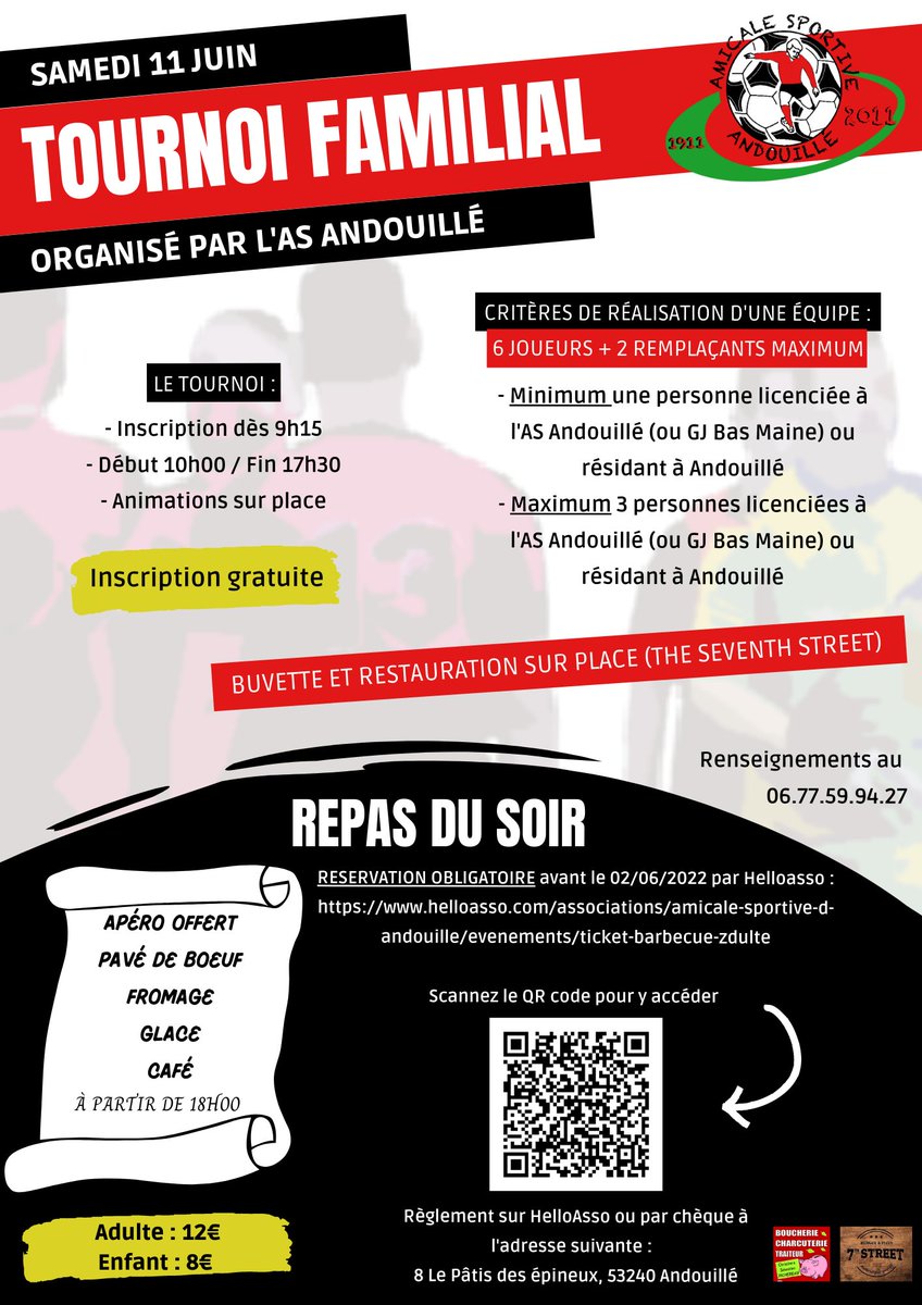 asandouille53's tweet photo. [𝑻𝑶𝑼𝑹𝑵𝑶𝑰 𝑭𝑨𝑴𝑰𝑳𝑰𝑨𝑳]

L'AS Andouillé lance son tournoi familial 2022.

Réservations pour le repas du soir : https://t.co/ejOgciax2v

Découvrez tous les détails sur l'affiche ci-dessous et n'hésitez pas à partager l'information autour de vous : https://t.co/NheDnsV6vu