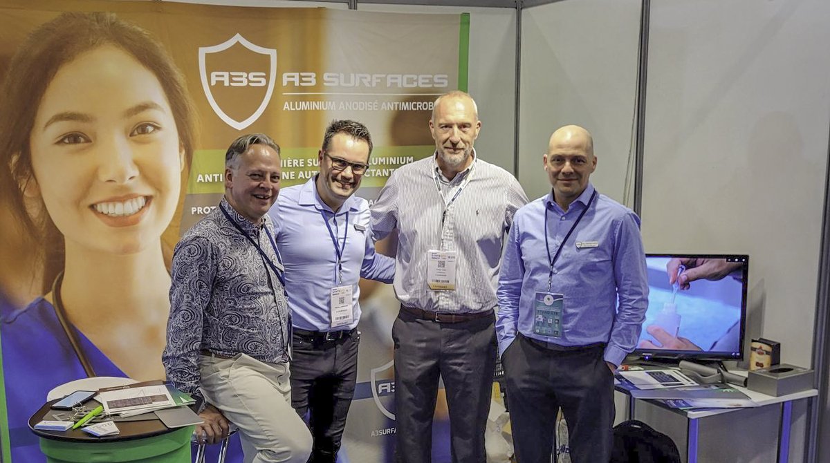 A3Surfaces's tweet photo. Bonjour la France! Cette semaine, A3 Surfaces participe à SANTEXPO à Paris. L’équipe A3S sur place dans l’ordre habituel: Martin Lambert, président, Maxime Lamirande, directeur commercialisation, Philippe Cren, business manager France, Jean-Sébastien Lemieux, directeur général. https://t.co/RftCRGO3OQ