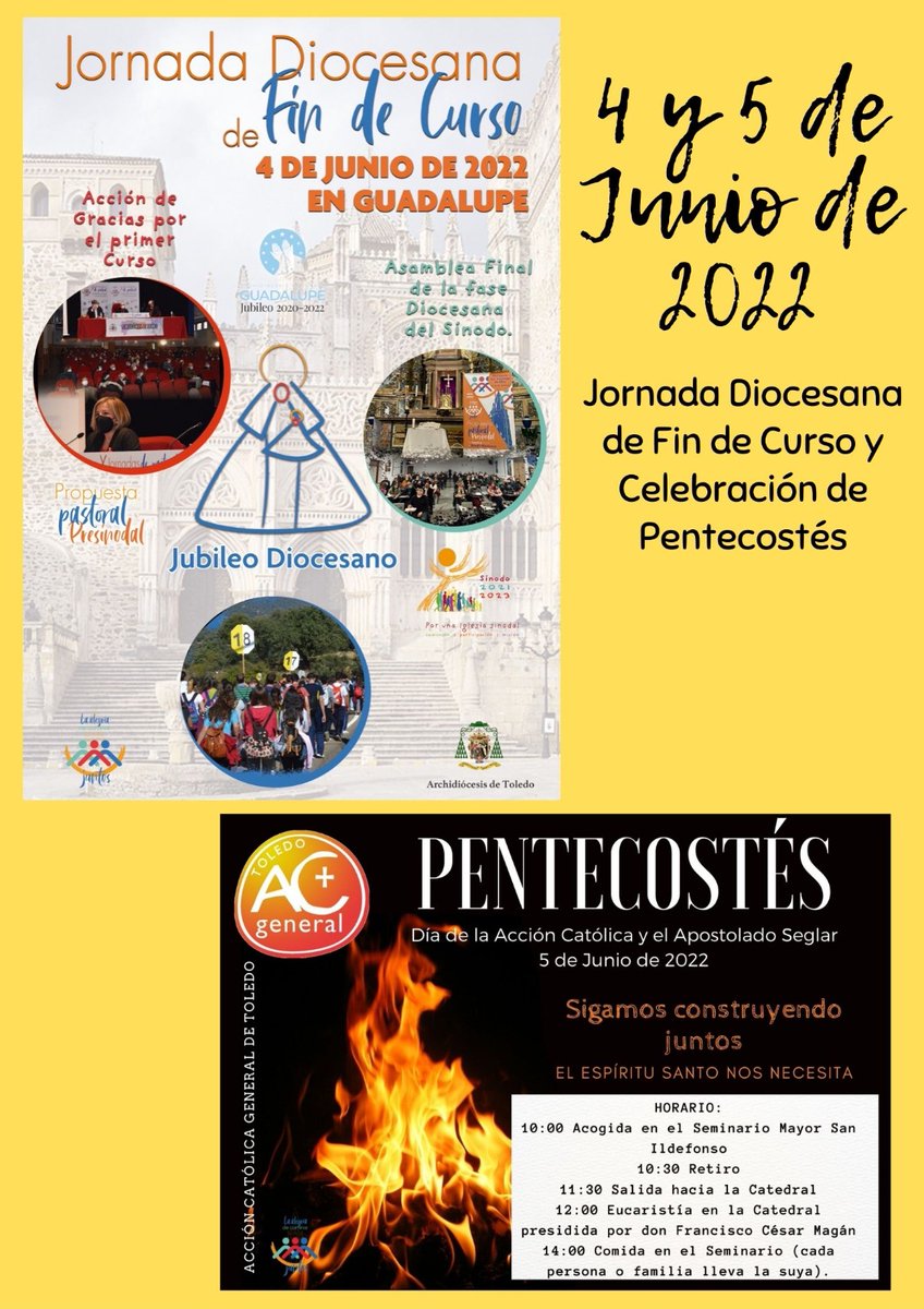 AcgToledo's tweet photo. Recuerda que 4 de junio Jornada Diocesana de Fin de Curso con @Obispofcerro y @architoledo. 5 #Pentecostés día de @ACGevangelizar y @postoladoseglar https://t.co/rVK4DFUwEj