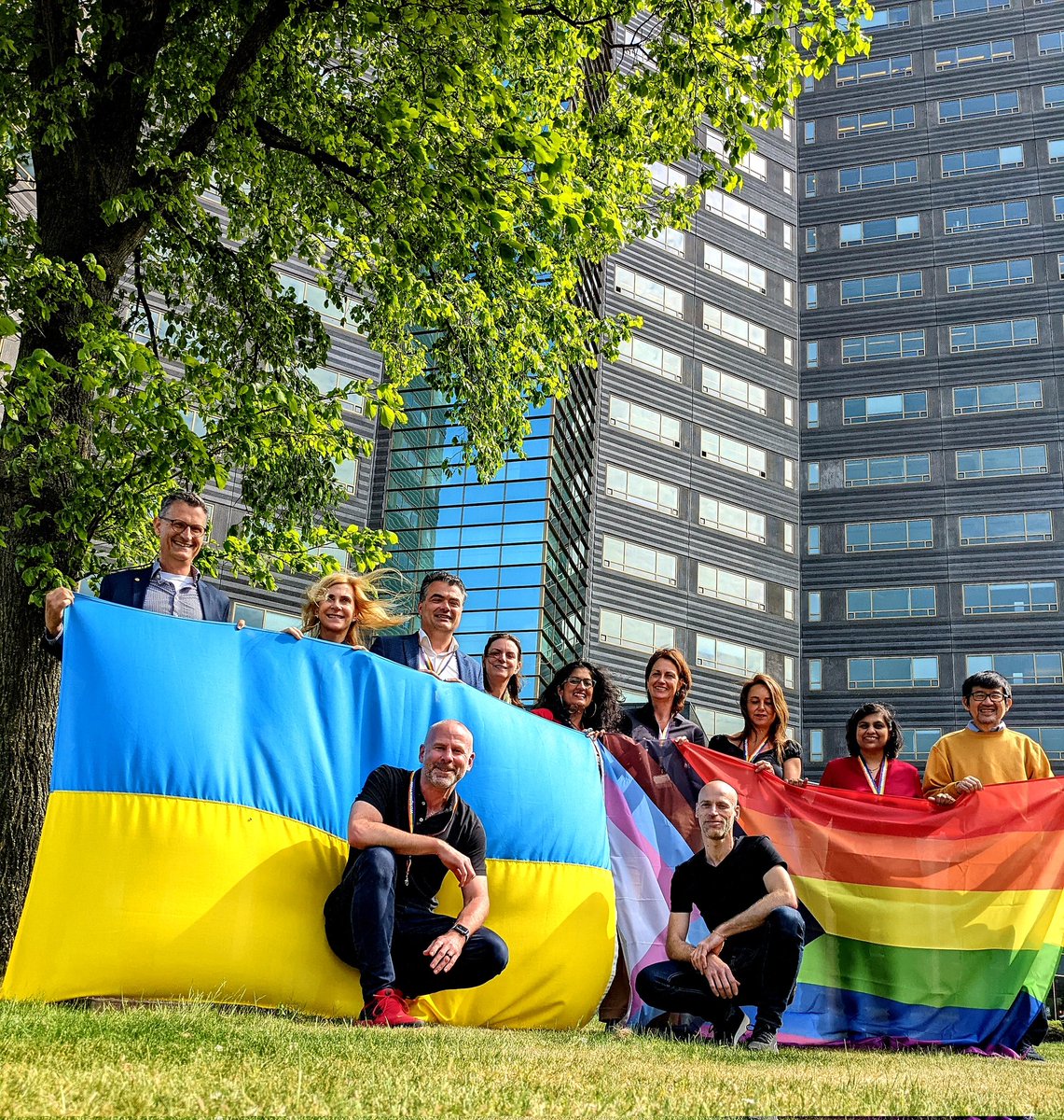 ShebaAJ's tweet photo. We were joined by Judy, Laura, Anita and Sjoerd as we displayed the Pride flag next to the Ukrainian one. https://t.co/JlP02WgSqC