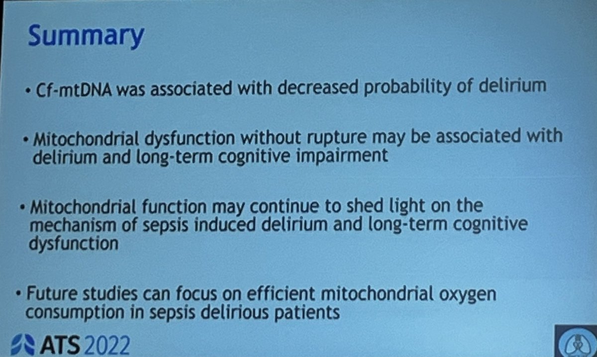 In a cohort of 479 septic #ICU patients, the level of cell free mitochondria DNA was associated with a decreased probability of #delirium Great work by @timothygirard lab with @KP_ICURN and Dr. Chukwudi Onyemekwu and colleagues #ATS2022 @ATSNursing