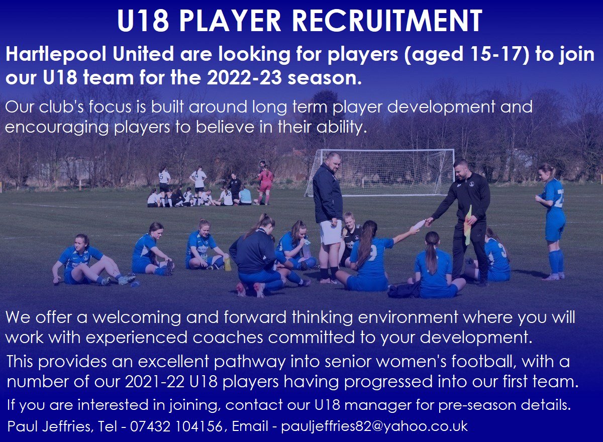 We are looking for players to join our U18 team for next season. We provide a pathway into senior women's football with the opportunity to work with coaches committed to player development.

Contact our U18 manager Paul for details:
📞 07432 104156
✉️ pauljeffries82@yahoo.co.uk
