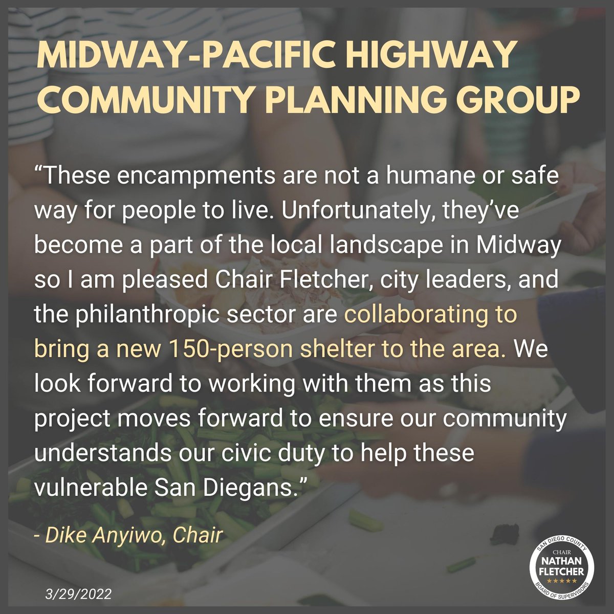 Addressing homelessness requires the partnership of the County &amp; local organizations like <a href="/mphcpg/">Midway-Pacific Highway CPG</a>. We look forward to working with <a href="/DikeAnyiwo/">Dike</a> &amp; everyone at the Midway Community Group to find more solutions to homelessness.