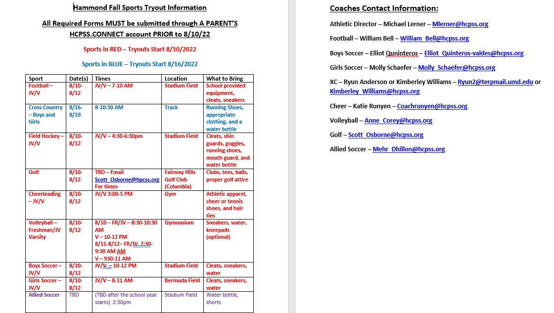 HaHsathletics's tweet photo. FALL SPORTS 2022 TRYOUT INFORMATION:
*Start Date - 8.10.22
*ALL required forms MUST be submitted through a parent's hcpss.connect account PRIOR to 8.10.22
*Window for paperwork submission opens 6.1.22
*Email your coach for information about summer workouts, conditioning, &amp; camps. https://t.co/wLsL1T0PaU