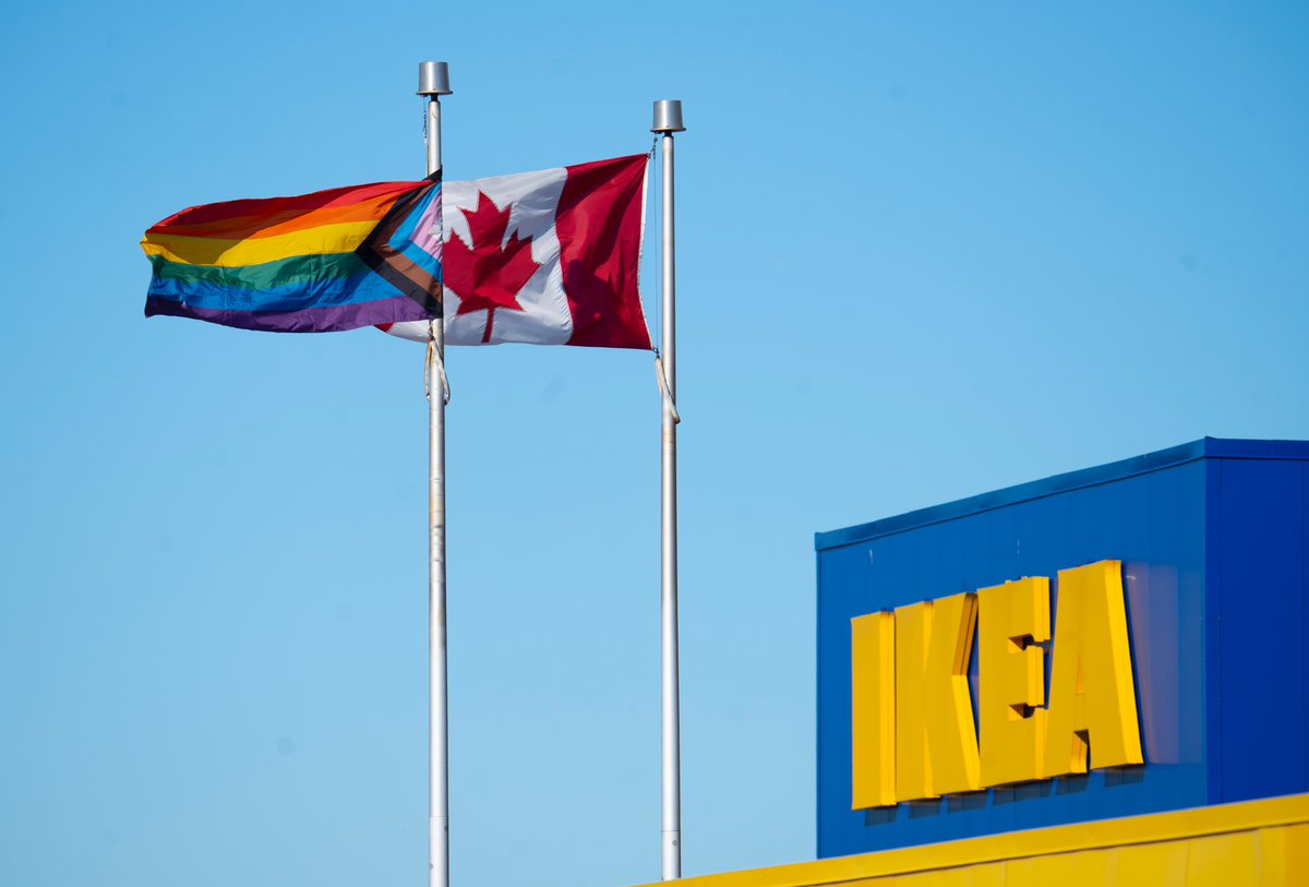 IKEACanada's tweet photo. Today, our co-workers proudly raise the Progress Pride flag nationwide in honour of #IDAHOTB. We continue to push progress and advocate for a more fair and equal world, where people of all sexual orientations and gender identities can feel at home. https://t.co/U4lNTmYzEH