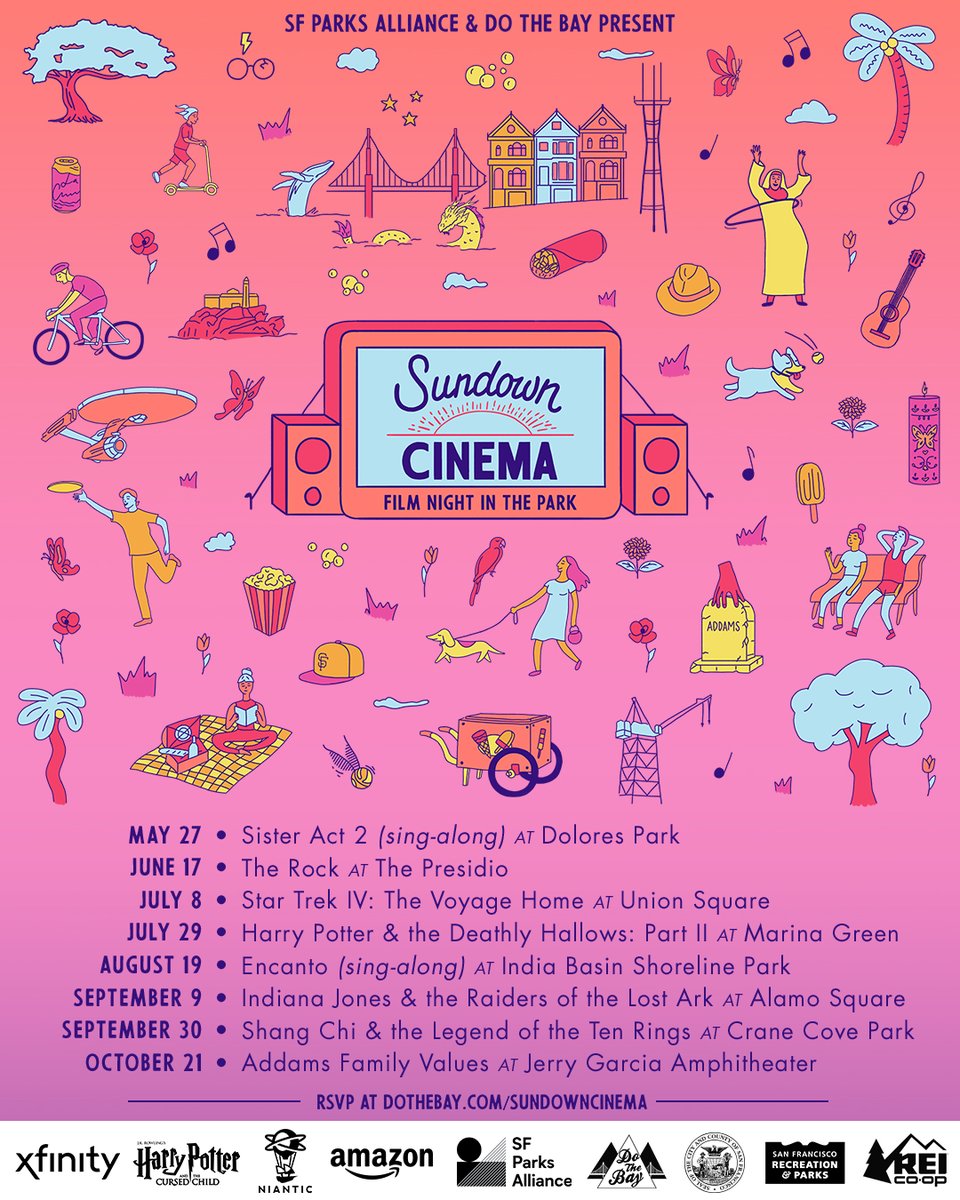 Sundown Cinema is returning to San Francisco’s parks this summer — even bigger and better than before!🌁🍃😎 From now through October, we’re bringing EIGHT iconic films to eight parks across the city 🎥🌳 and we can’t wait to see you there! (1/4)
dothebay.com/sundowncinema