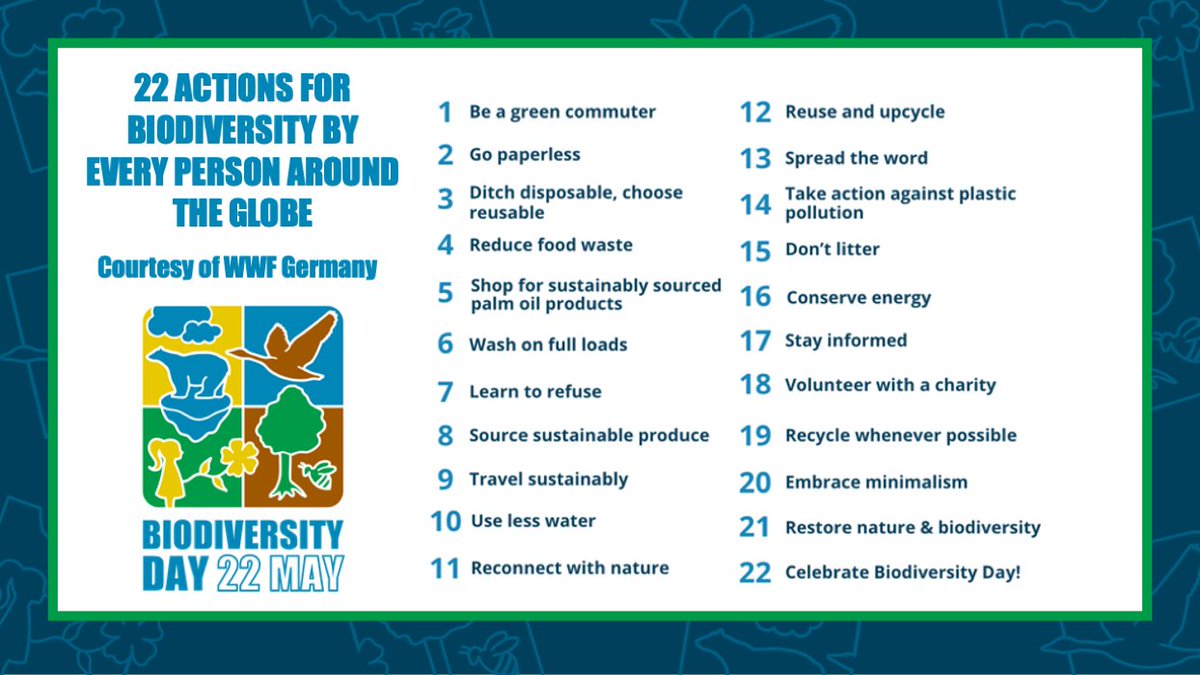 UNGeneva's tweet photo. Biodiversity —life on Earth — is under threat. But we can all take action to help protect it.
🐸🐟🐞🍀🌼🌳🌷🦉🕷️🐛

As we count down to #BiodiversityDay on 22 May, we're joining @UNBiodiversity in highlighting 2⃣2⃣ actions you can take to support #biodiversity 👇 https://t.co/sawiECMtTm