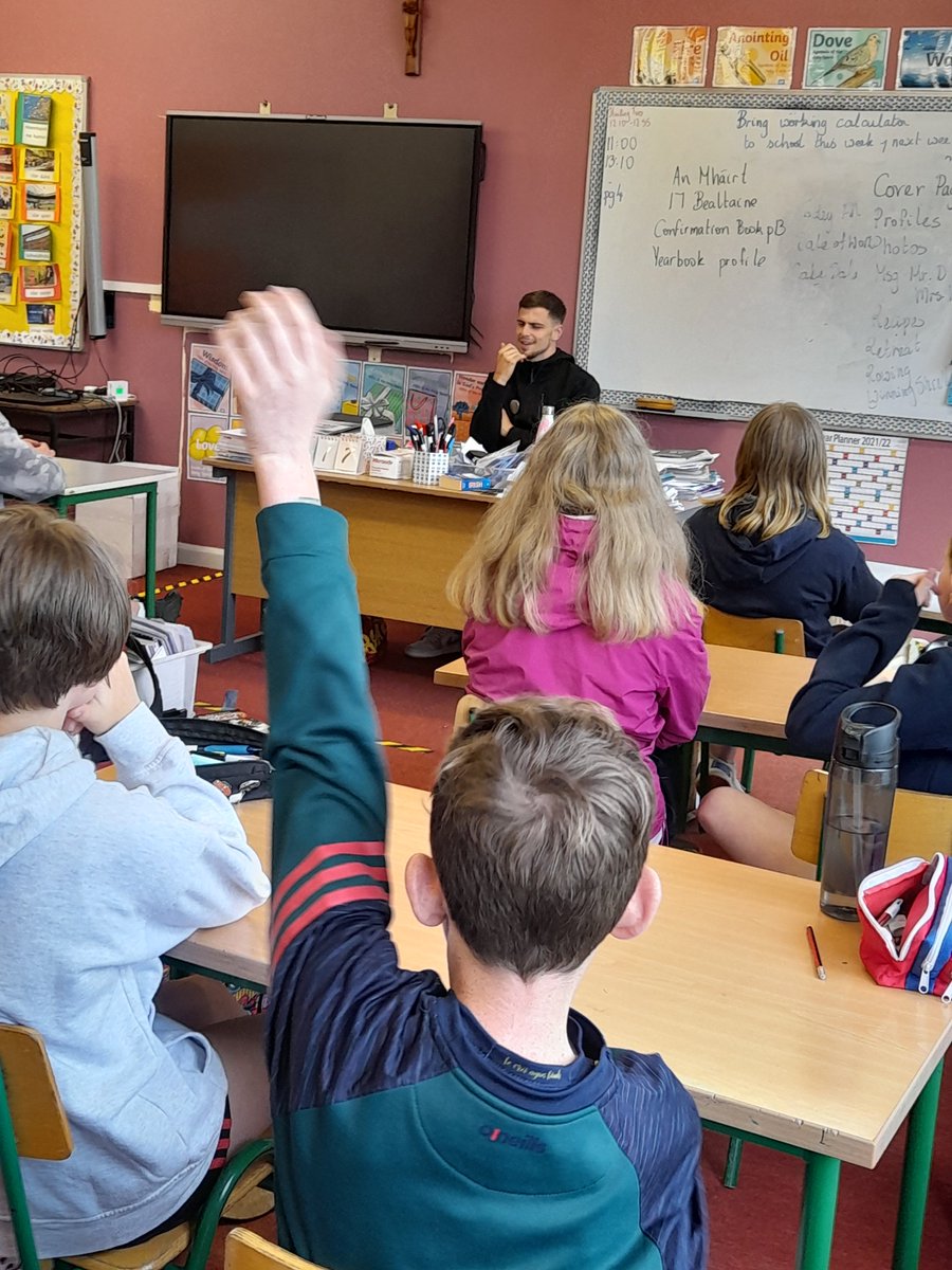 CappoquinS's tweet photo. 6th Class were honoured to welcome past pupil and current international soccer star Jayson Molumby in to class today. Thank you Jayson for being so kind and answering all our questions! You look very comfortable in the teacher's chair!🟩⬜🟧😊 https://t.co/I9lO0uDoKz