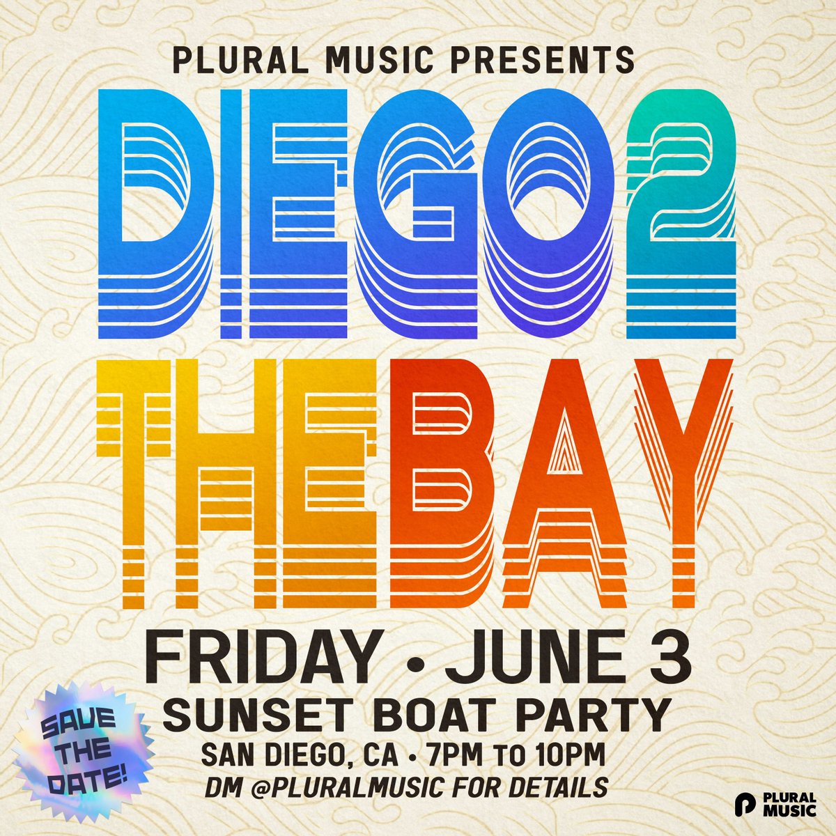 pluralmusic's tweet photo. Save the Date❗️🗓 2 Fridays from now we embark on our second annual sunset boat party in San Diego. 🛥 We’ll be bringing some of the most skilled selectas from The Bay down  south for an unforgettable night #Diego2TheBay happening June 3rd! ☀️🌊🌇 https://t.co/XDa53rWaYW