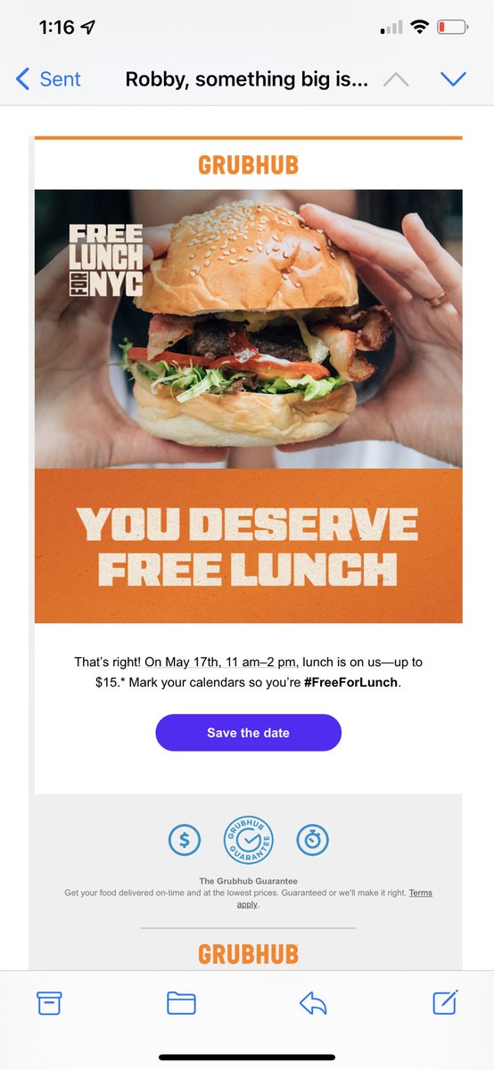 ParlayBuilder's tweet photo. NYC Friends, #FreeForLunch from @grubhub https://t.co/ApZagQzW9R