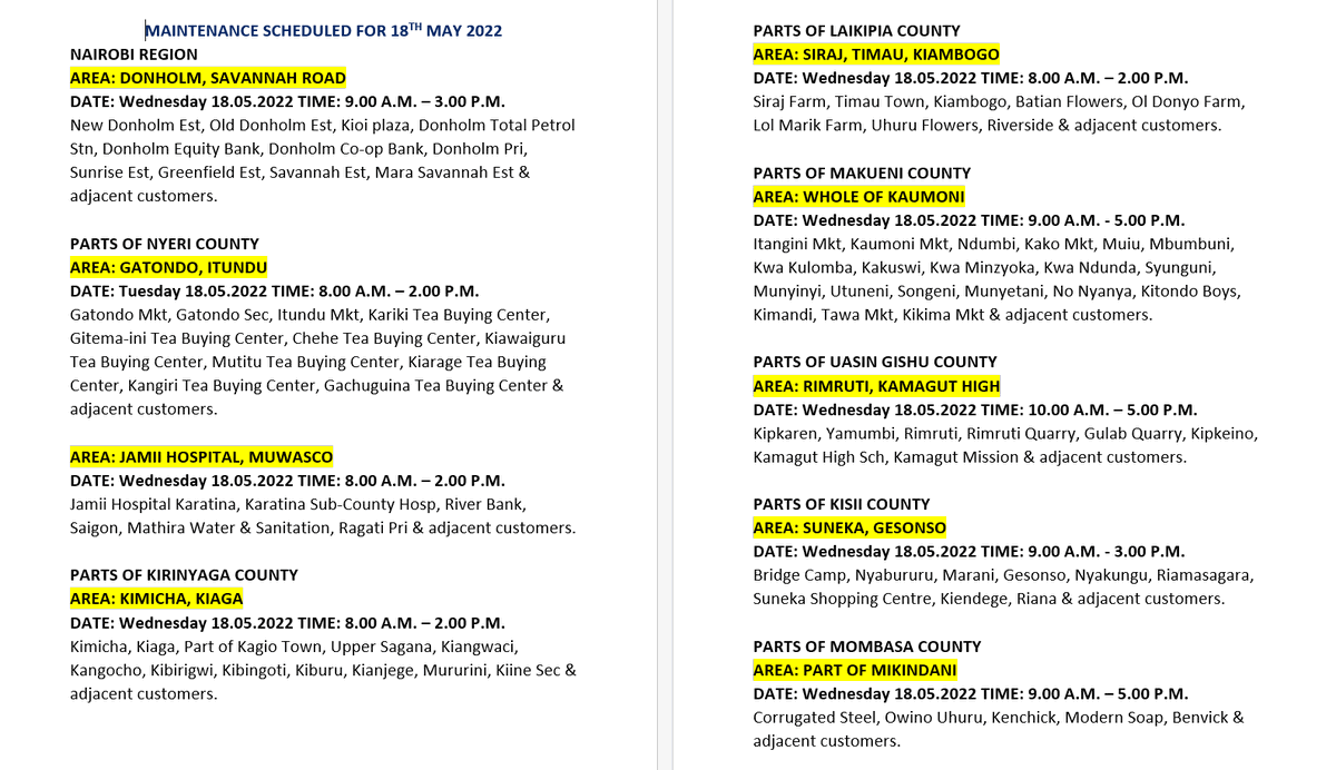 KenyaPower_Care's tweet photo. Hello, please find shutdowns scheduled for 18th of May 2022.^MM https://t.co/rJIioOsrrp