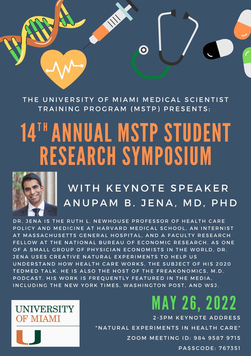 University of Miami MSTP (@umiami_mstp) on Twitter photo Join us next Thursday for our Annual Student Research Symposium’s Keynote Address from <a href="/AnupamBJena/">Anupam Jena</a> Join us next Thursday for our Annual Student Research Symposium’s Keynote Address from <a href="/AnupamBJena/">Anupam Jena</a>