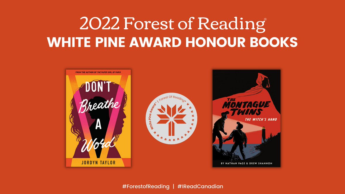 And a huge congrats to the White Pine honour books Don’t Breathe a Word by Jordyn Taylor and The Montague Twins: The Witch’s Hand by Nathan Page &amp; Drew Shannon! #ForestofReading #IReadCanadian @jordynhtaylor <a href="/harperteen/">HarperTeen 📚</a> <a href="/AproposNothing/">A. Nothing</a> <a href="/montadrew/">Drew Shannon</a> <a href="/PenguinRandomCA/">PenguinRandomHouseCA</a>